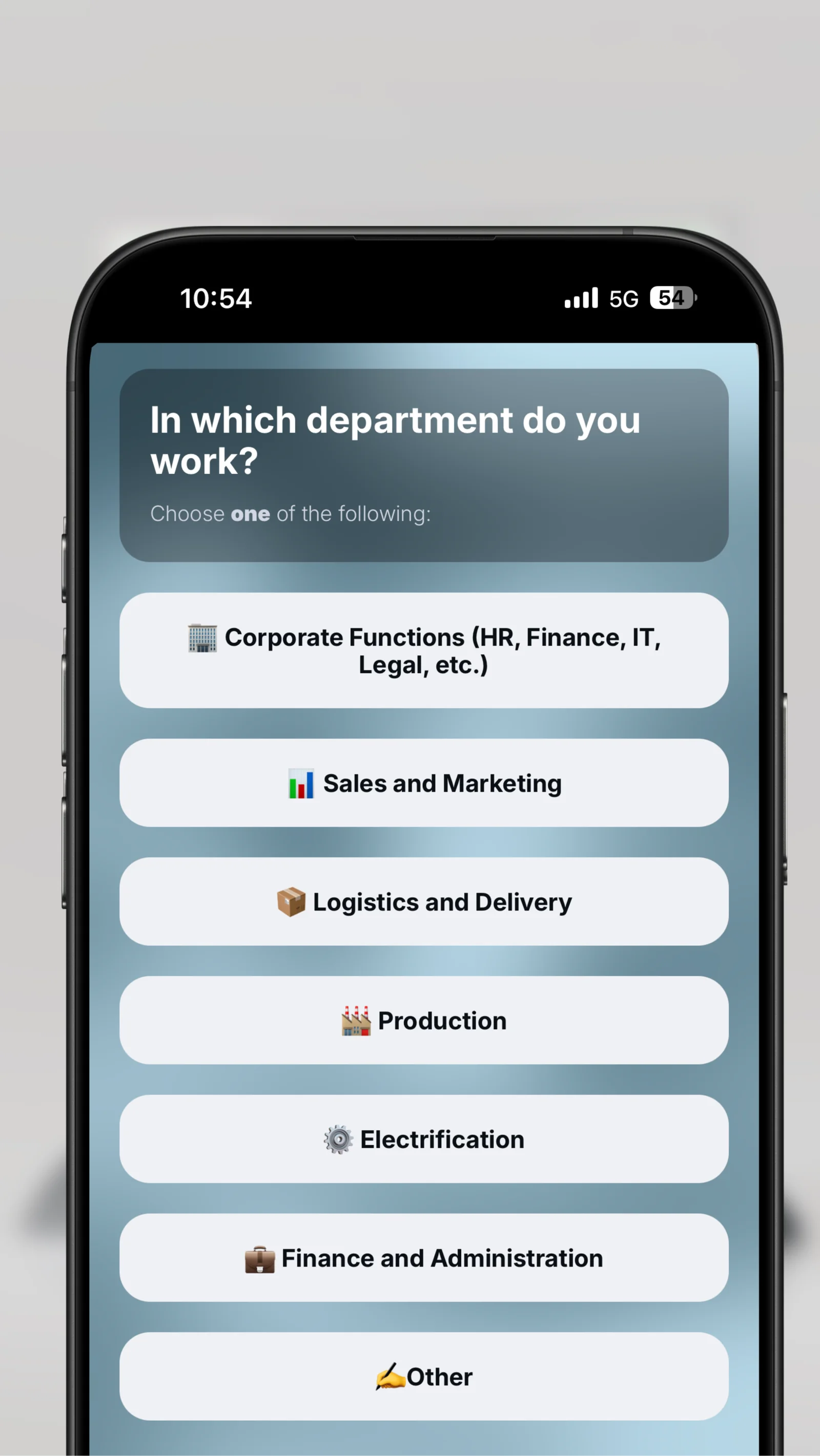 Selecting a department in the employee survey